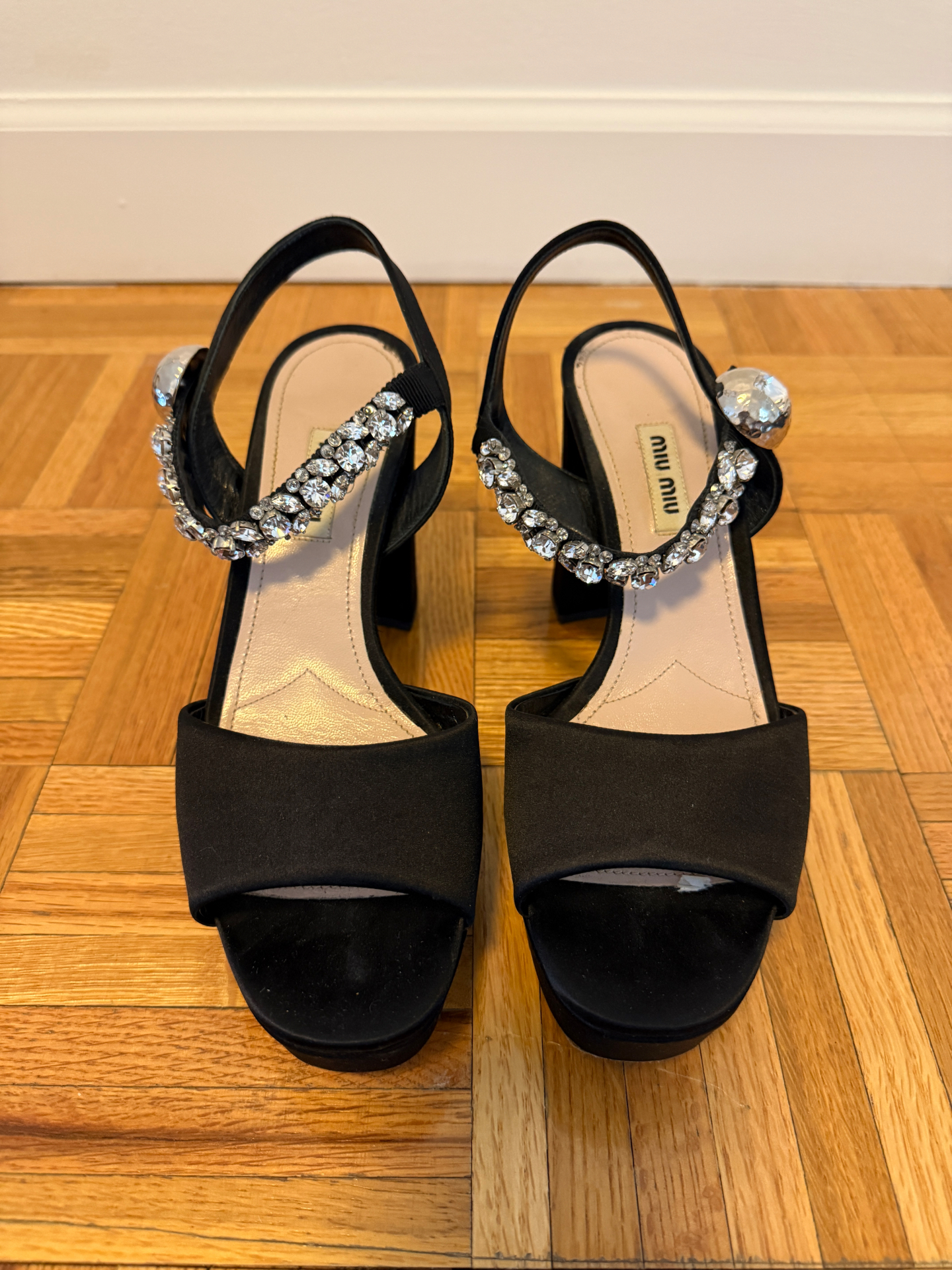 Miu Miu Crystal Embellished Satin Platform Sandals