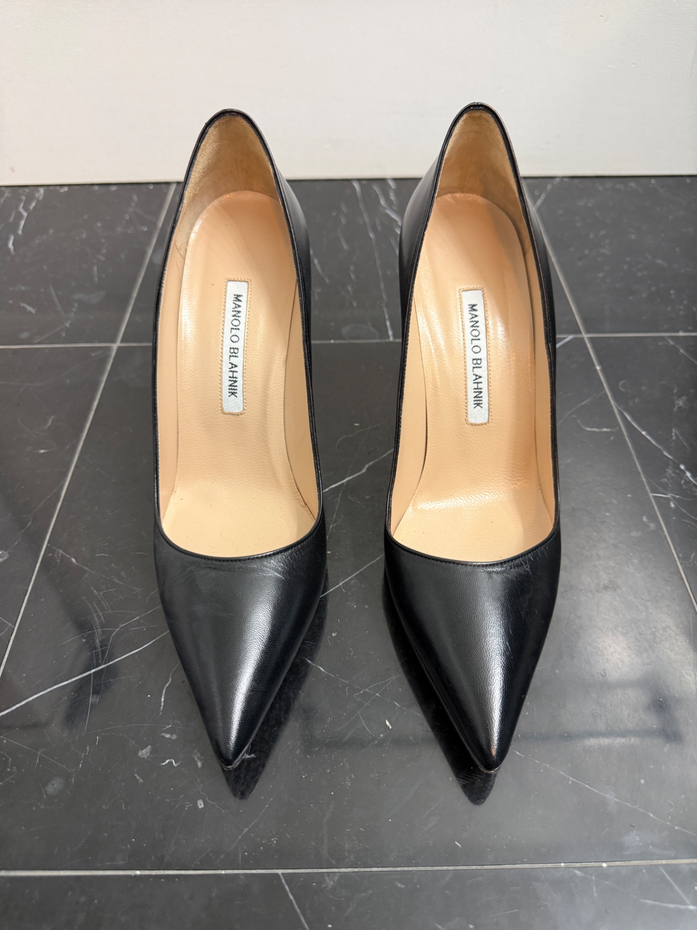 Manolo Blahnik Black Leather Pointed-Toe Pumps