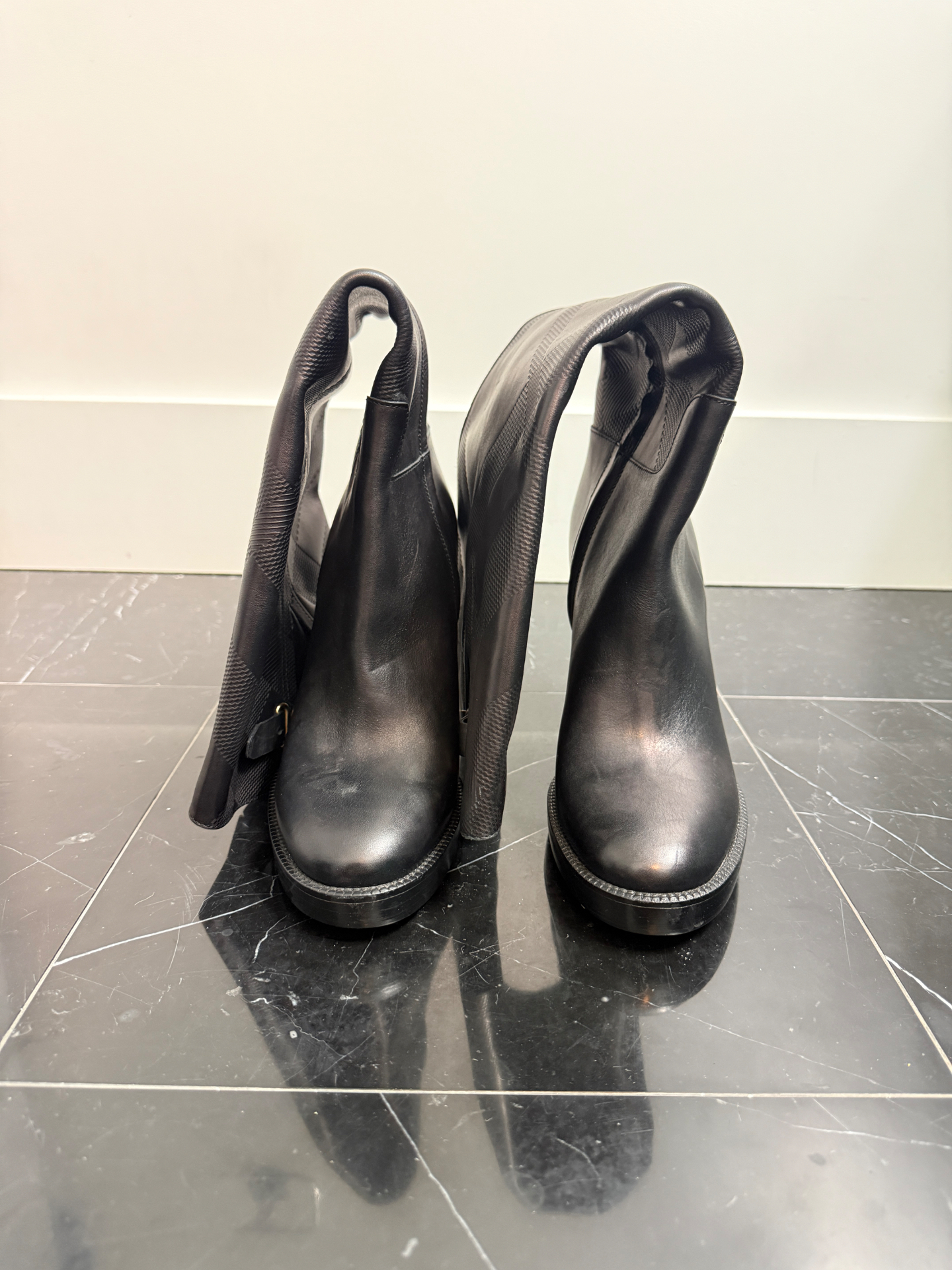 Burberry Black Leather Check Ankle Boots