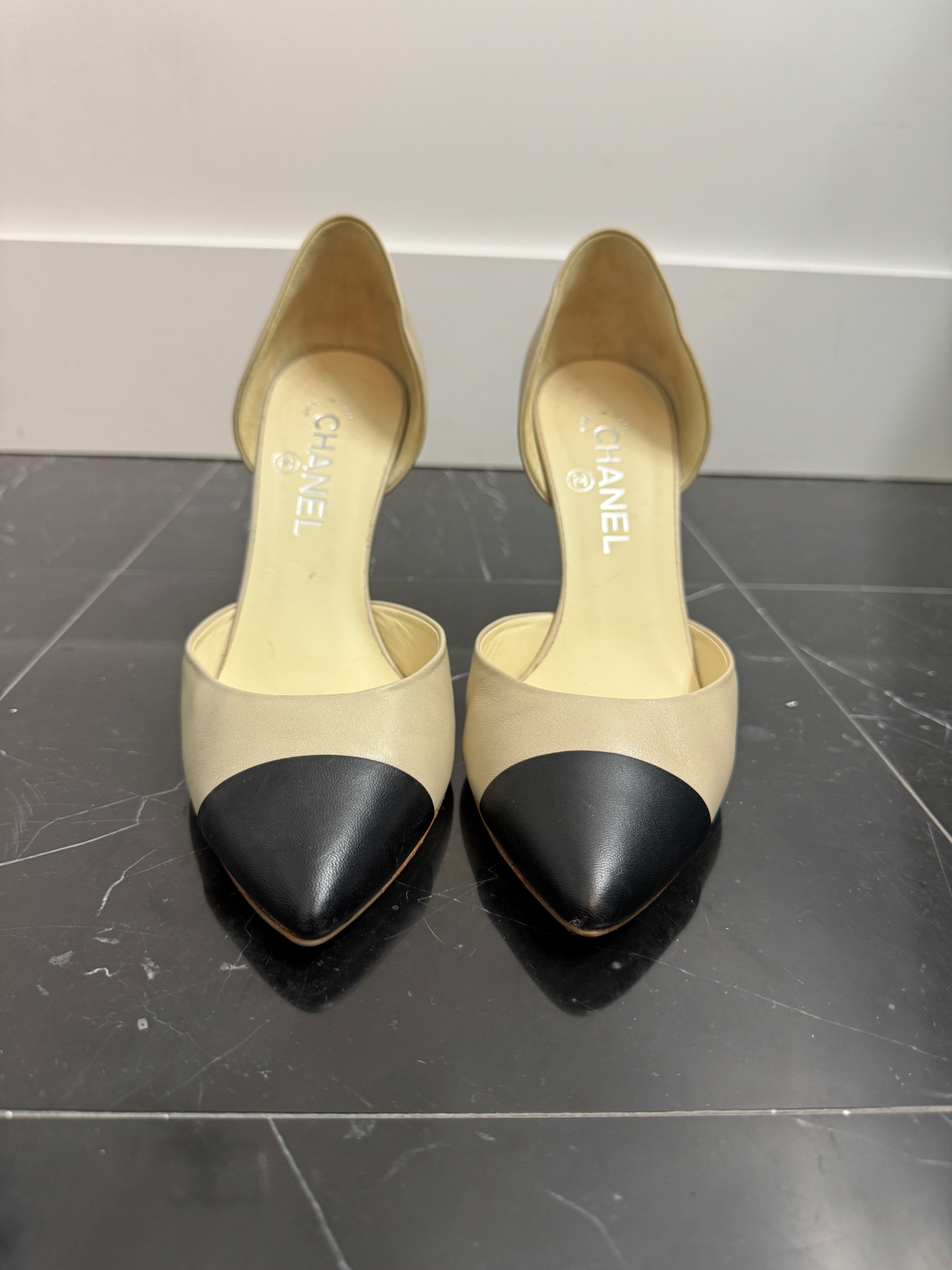 Chanel Classic Beige & Black Cap-Toe Slingback Pumps