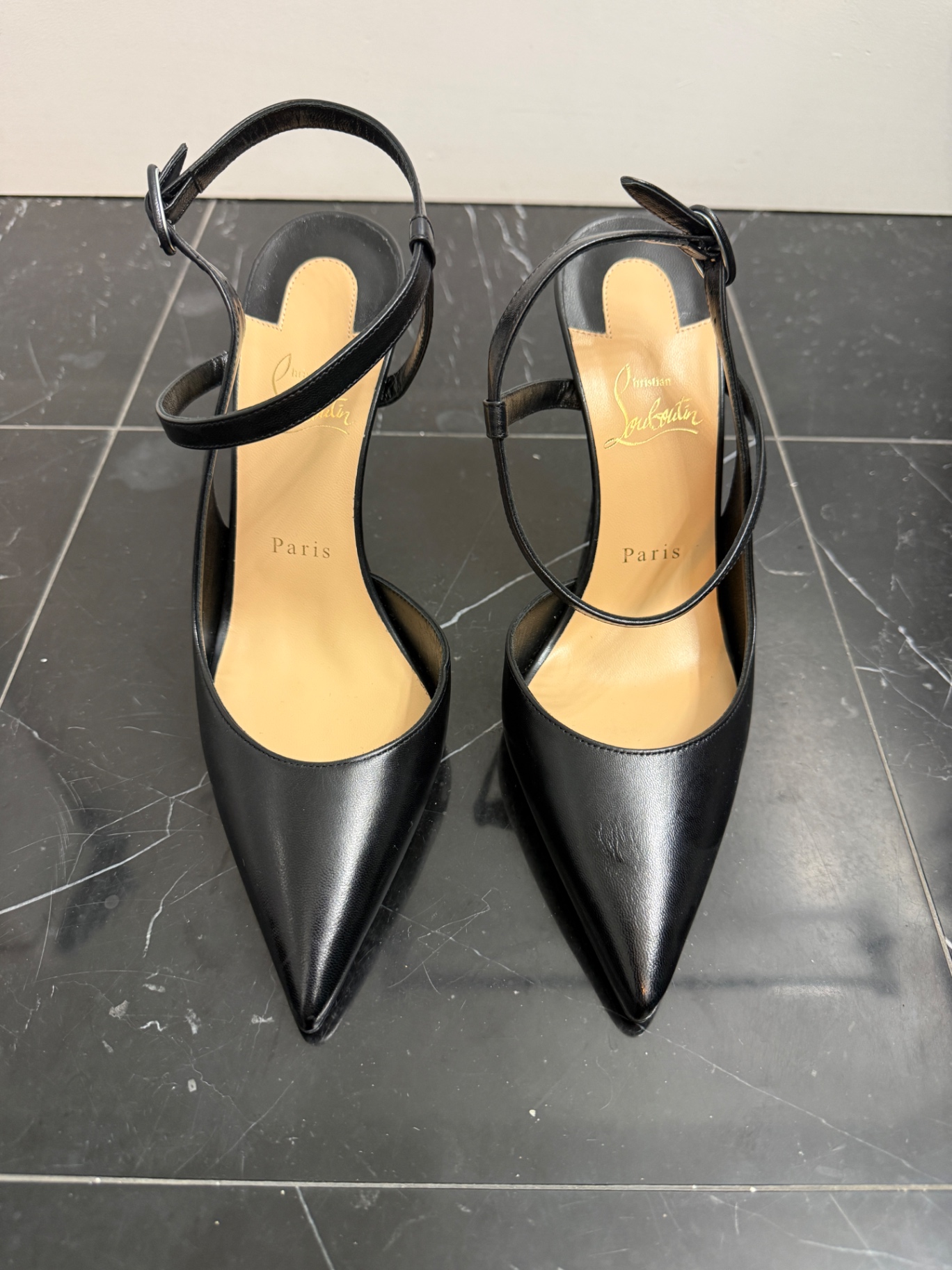 Christian Louboutin Black Leather Ankle Strap Pumps