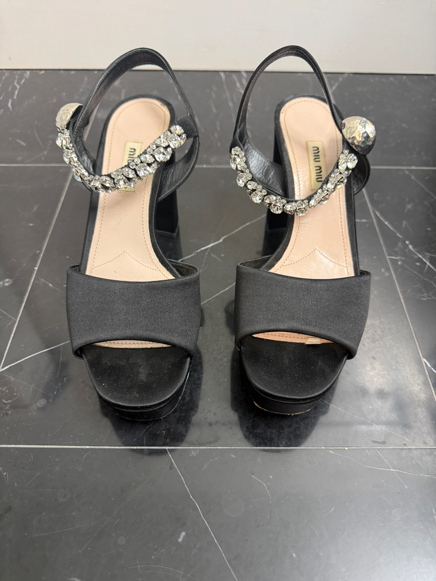 Miu Miu Crystal Embellished Satin Platform Sandals
